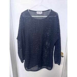 Michael Carrie Black Crochet Knit Sweater Long Sleeve Open Work Top ML Vintage